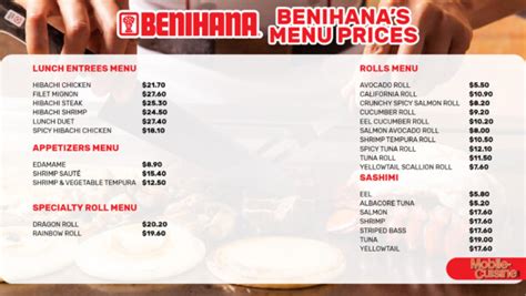 Benihana niagara falls menu This restaurant usually has plenty of reservation slots open as late as 1 day in advance, but booking early might get you a better timeslot
